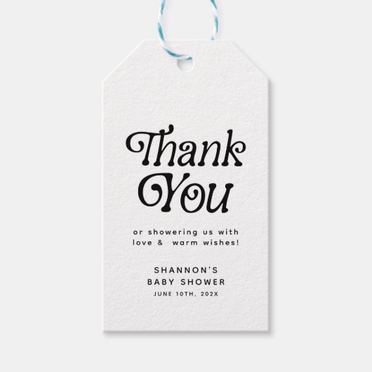 Minimal Black & White Retro Baby Shower Thank You ギフトタグ (正面)