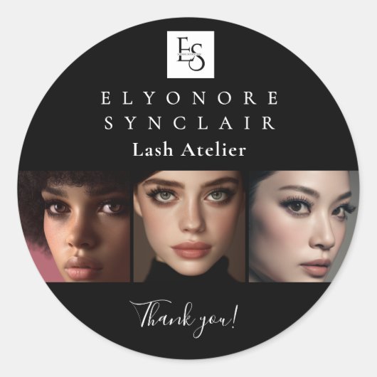 Minimal Black White Script Lash Photo Logo ラウンドシール (正面)