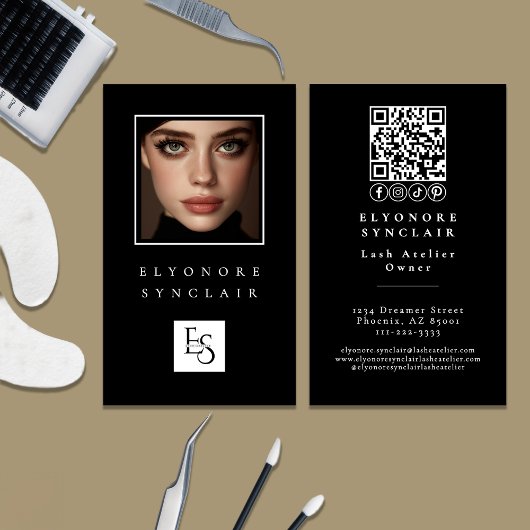 Minimal Black White Script Lash Photo Logo QR 名刺