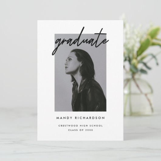 Minimal Black White Script Photo Graduation Party 招待状 (スタンド正面)