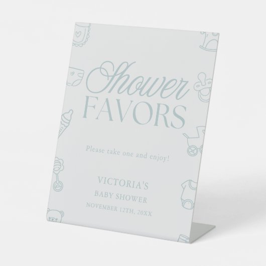 Minimal Blue Boy Baby Shower Favors 台座サイン (正面)