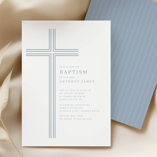 Minimal Blue Cross Baptism Invitation 招待状