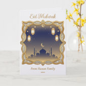 Minimal Blue & Gold Mosque Skyline Eid Mubarak  カード (黄色い花)