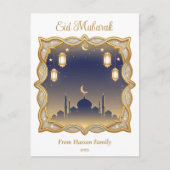 Minimal Blue & Gold Mosque Skyline Eid Mubarak  ポストカード (正面)