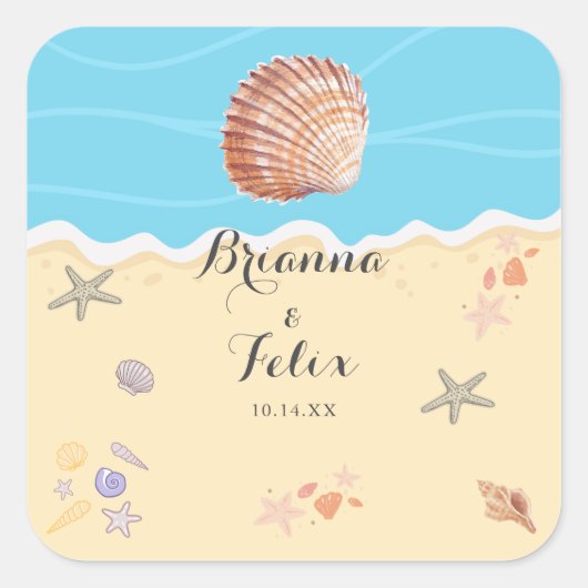 Minimal Blue Ocean Summer Wedding スクエアシール (正面)