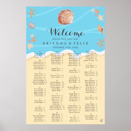 Minimal Blue Ocean Summer Wedding Seating Chart ポスター (正面)