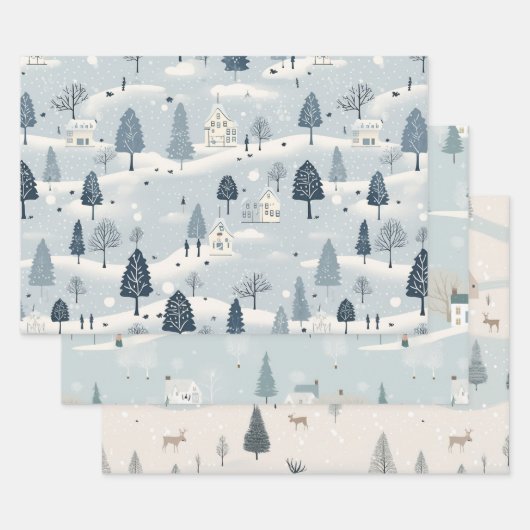 Minimal Blue Snowy Village ラッピングペーパーシート (セット)