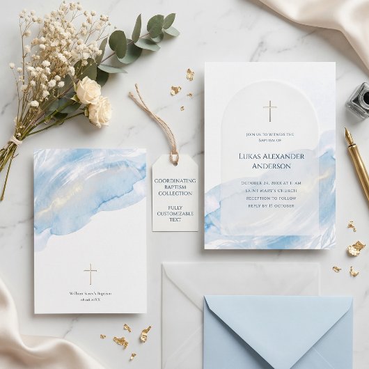 Minimal Blue Watercolor Arch Cross Baptism 招待状