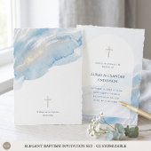 Minimal Blue Watercolor Arch Cross Baptism 招待状