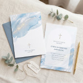 Minimal Blue Watercolor Arch Cross Baptism 招待状