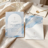 Minimal Blue Watercolor Arch Cross Baptism 招待状