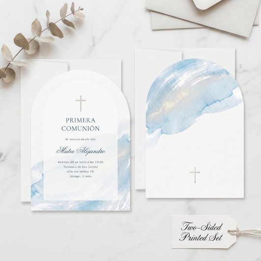 Minimal Blue Watercolor  Spanish Primera Comunion 招待状