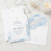 Minimal Blue Watercolor  Spanish Primera Comunion 招待状