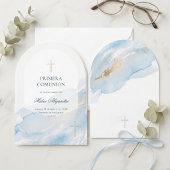 Minimal Blue Watercolor  Spanish Primera Comunion 招待状