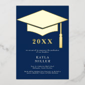 Minimal Blue & White Gold Cap Grad Announcement 箔招待状 (正面)