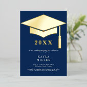Minimal Blue & White Gold Cap Grad Announcement 箔招待状 (立ち正面)