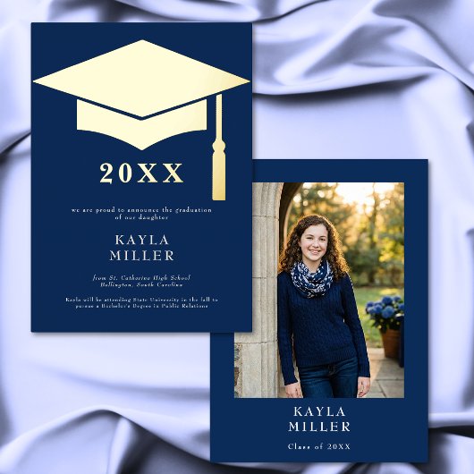 Minimal Blue & White Gold Cap Grad Announcement 箔招待状