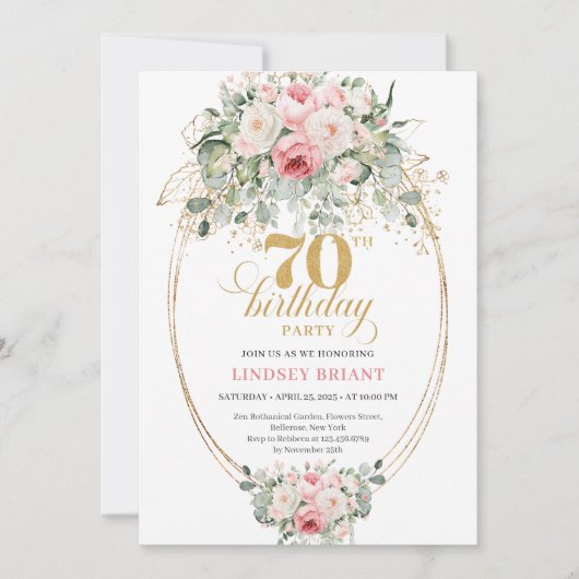 Minimal Blush Floral 70th Birthday Invitation 招待状 (正面)