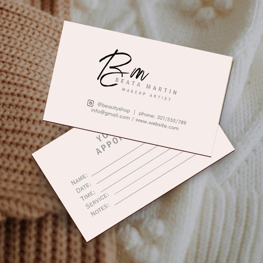 Minimal Blush Monogram Makeup Artist Branding Card 予約カード