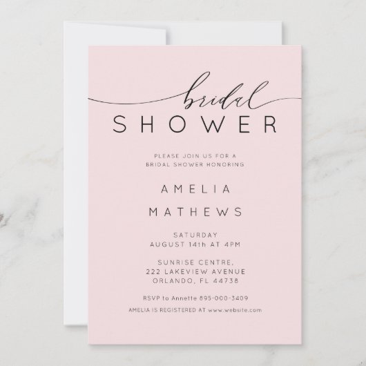 Minimal Blush Pink Bridal Shower 招待状 (正面)