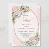 Minimal Blush Pink Floral Greenery Girl Baby Showe 招待状 (正面)