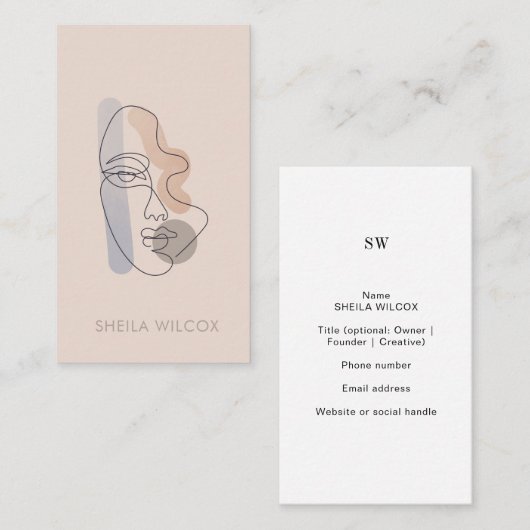Minimal Blush Pink Line Art Lady Business Card  名刺 (正面/裏面)