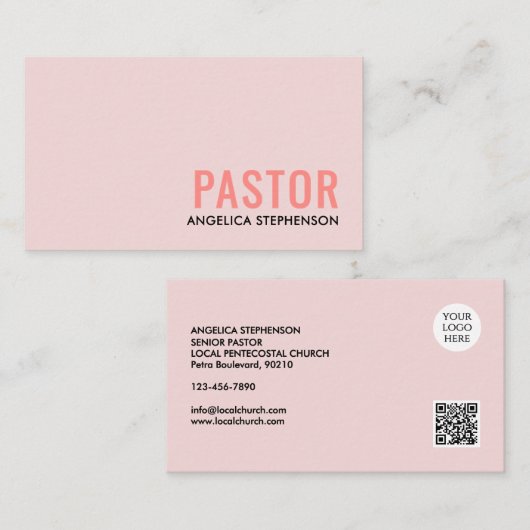 Minimal Blush Pink Logo QR Code PASTOR 名刺 (正面/裏面)