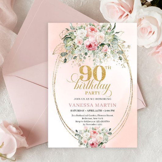 Minimal Blush Rose Gold 90th Birthday Party Invite 招待状