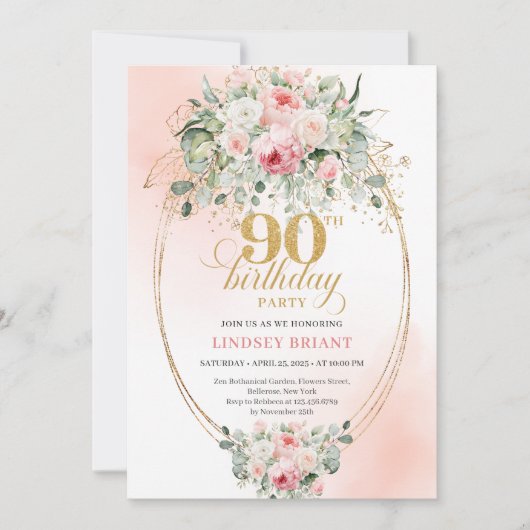 Minimal Blush Rose Gold 90th Birthday Party Invite 招待状 (正面)
