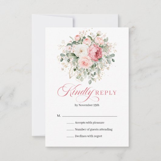 Minimal Blush Roses Greenery Gold Wedding RSVP   (正面)