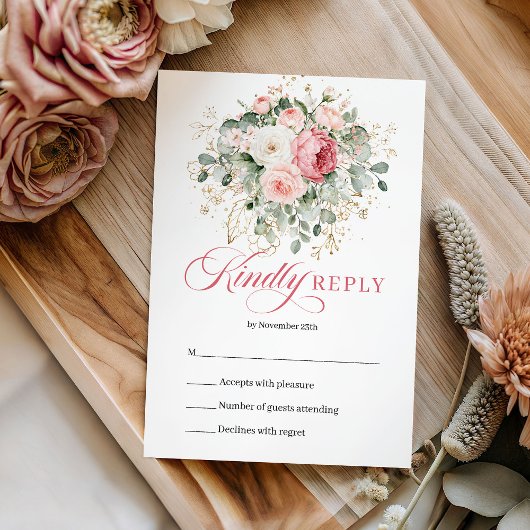 Minimal Blush Roses Greenery Gold Wedding RSVP
