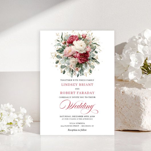 Minimal Bohemian Red Blush Floral Greenery Invites 招待状