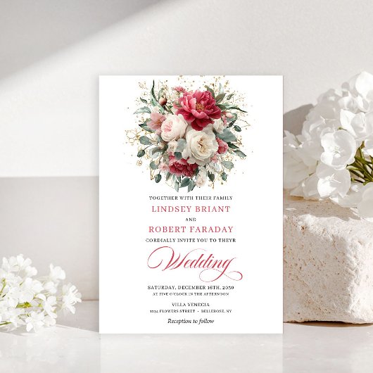 Minimal Bohemian Red White Gold Wedding Invitation 招待状