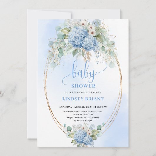 Minimal Boho Blue Floral Baby Shower Invitation 招待状 (正面)