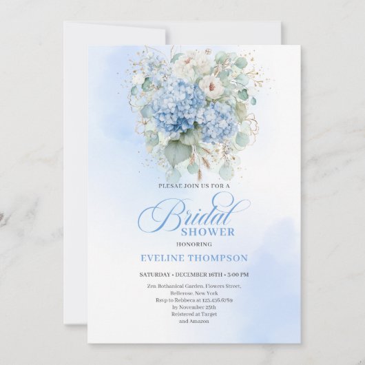Minimal Boho Blue Floral Bridal Shower Invitation 招待状 (正面)