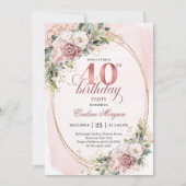 Minimal Boho Dusty Pink Floral Gold 40th Birthday 招待状 (正面)