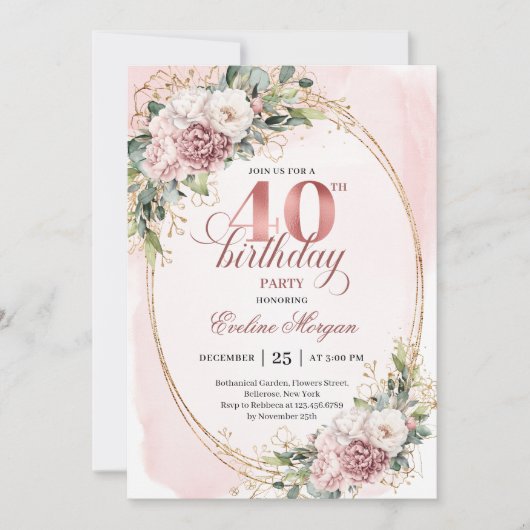 Minimal Boho Dusty Pink Floral Gold 40th Birthday 招待状 (正面)