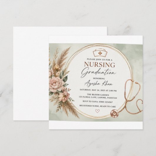 Minimal Boho Nursing Graduation Invitation | Round 招待状 (正面/裏面)