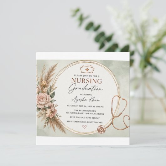 Minimal Boho Nursing Graduation Invitation | Round 招待状 (スタンド正面)