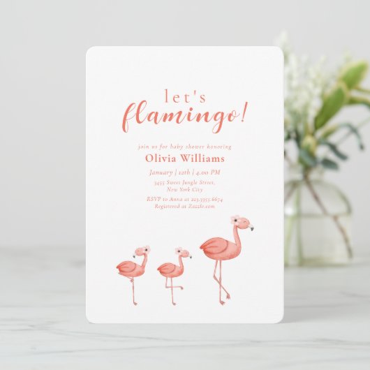 Minimal Boho Tropical Floral Flamingo Baby Shower 招待状 (スタンド正面)