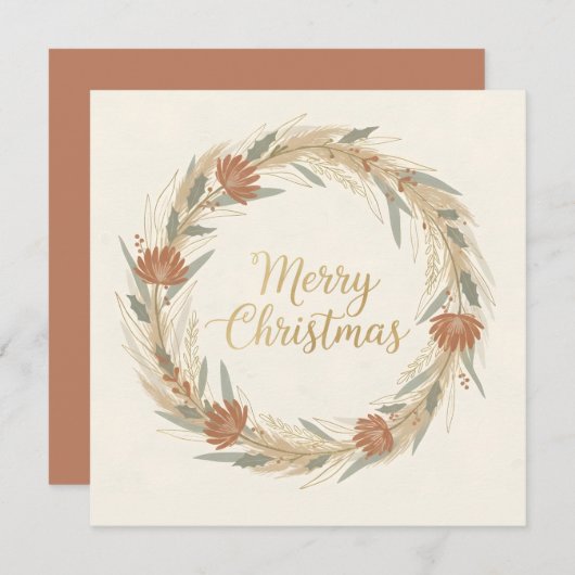 Minimal Boho Wreath Christmas シーズンカード (正面/裏面)