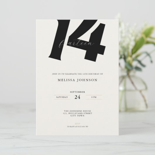 Minimal Bold Typography 14th Birthday  招待状 (スタンド正面)