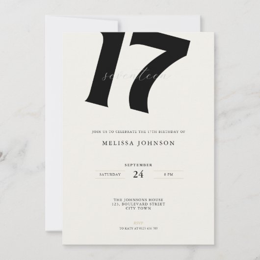 Minimal Bold Typography 17th Birthday  招待状 (正面)