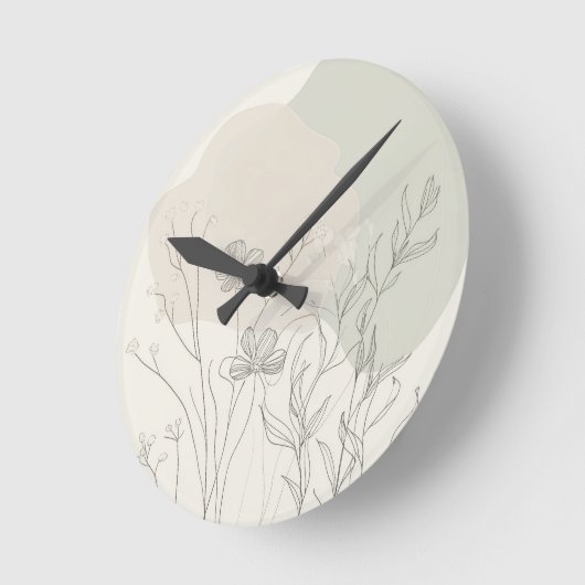 Minimal Botanical Decor – Abstract Wildflower Line ラウンド壁時計 (傾斜)