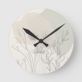 Minimal Botanical Decor – Abstract Wildflower Line ラウンド壁時計