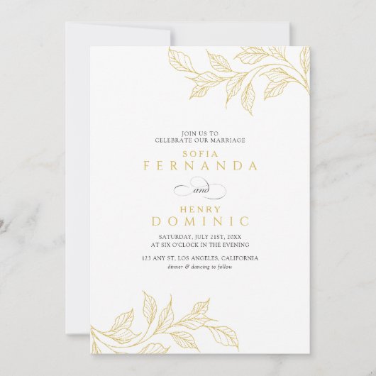 Minimal Botanical Faux Gold Wedding 招待状 (正面)