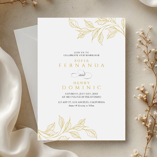 Minimal Botanical Faux Gold Wedding 招待状