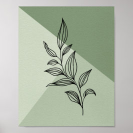 Minimal Botanical Line Art Leaves on Sage Green ポスター
