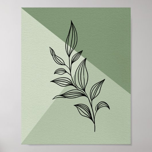 Minimal Botanical Line Art Leaves on Sage Green ポスター (正面)