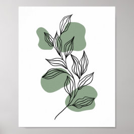 Minimal Botanical Line Art Leaves with Sage Green  ポスター